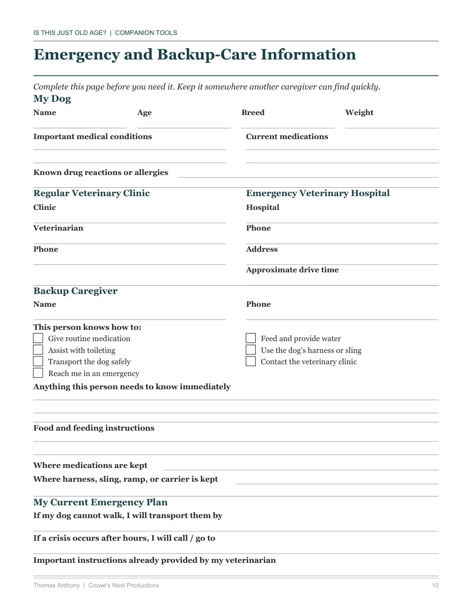 Free printable senior dog care worksheet — the Emergency and Backup-Care Information, from Is This Just Old Age?