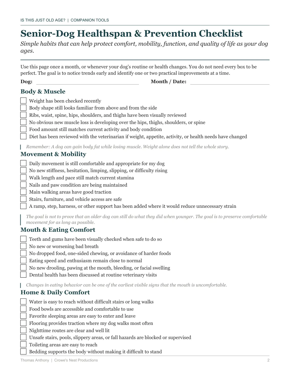 Free printable senior dog care worksheet — the Healthspan & Prevention Checklist, from Is This Just Old Age?
