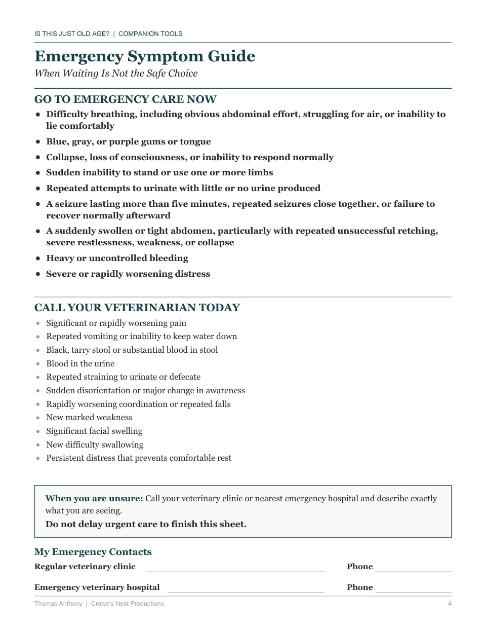 Free printable senior dog care worksheet — the Emergency Symptom Guide, from Is This Just Old Age?