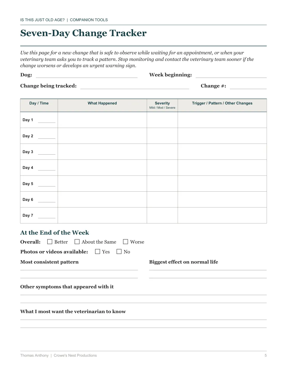 Free printable senior dog care worksheet — the Seven-Day Change Tracker, from Is This Just Old Age?