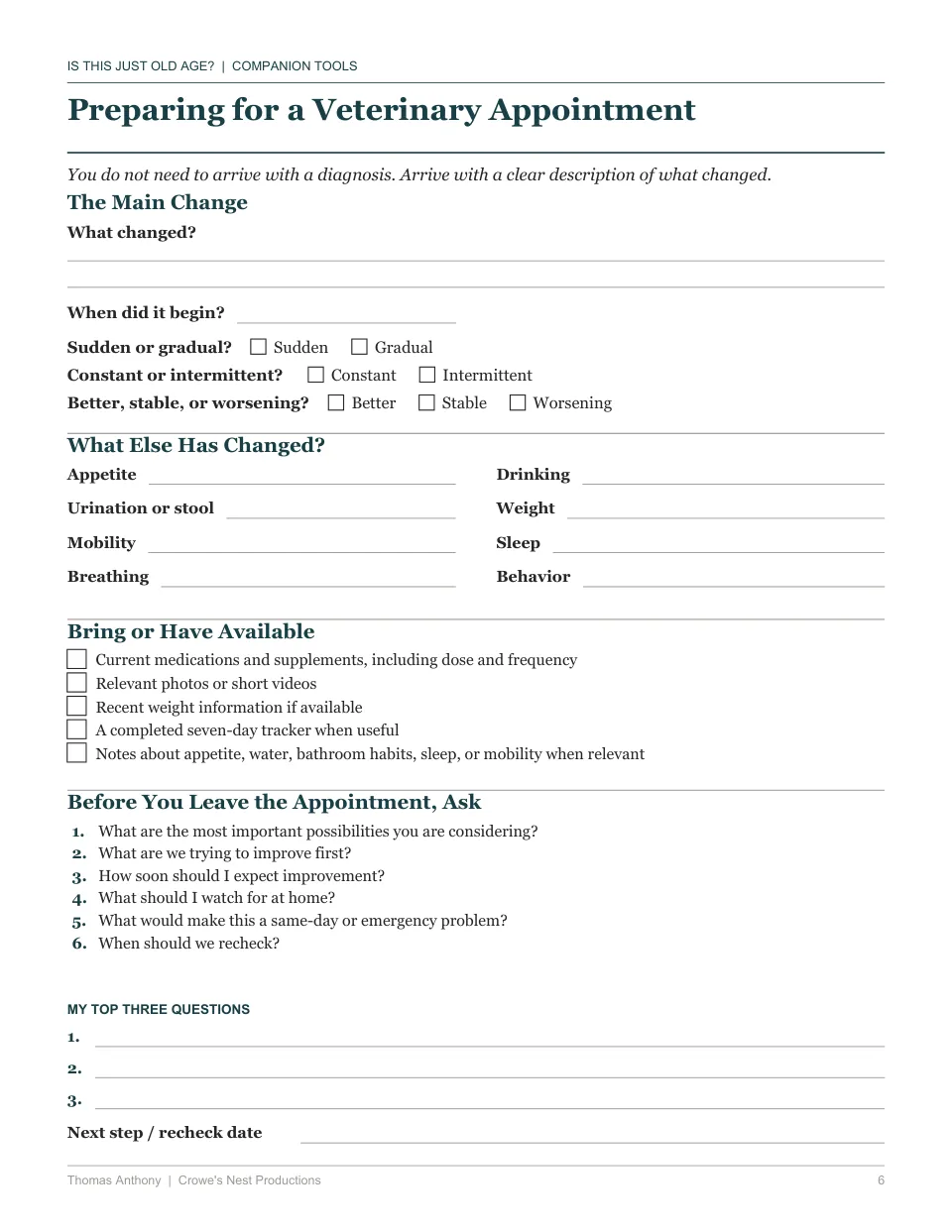Free printable senior dog care worksheet — the Preparing for a Veterinary Appointment, from Is This Just Old Age?
