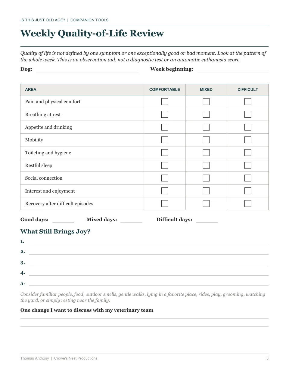 Free printable senior dog care worksheet — the Weekly Quality-of-Life Review, from Is This Just Old Age?