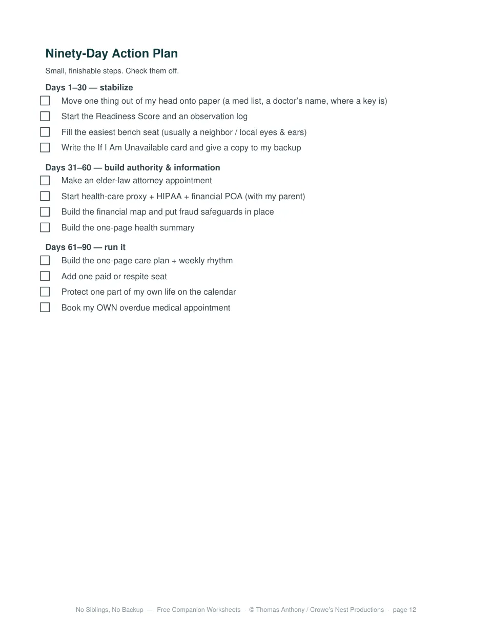 Free printable Ninety-Day Action Plan worksheet from No Siblings, No Backup by Thomas Anthony