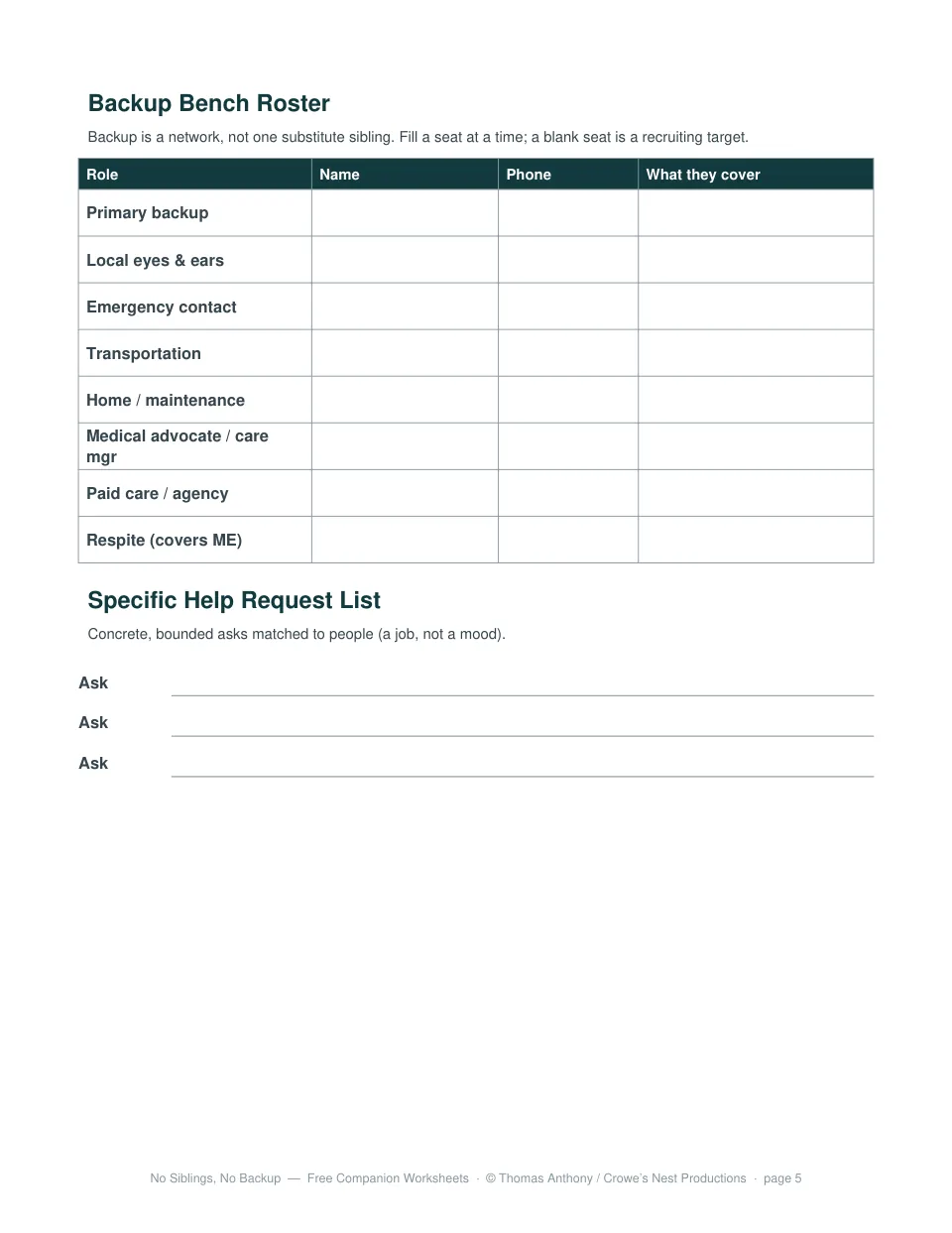 Free printable Backup Bench Roster worksheet from No Siblings, No Backup by Thomas Anthony