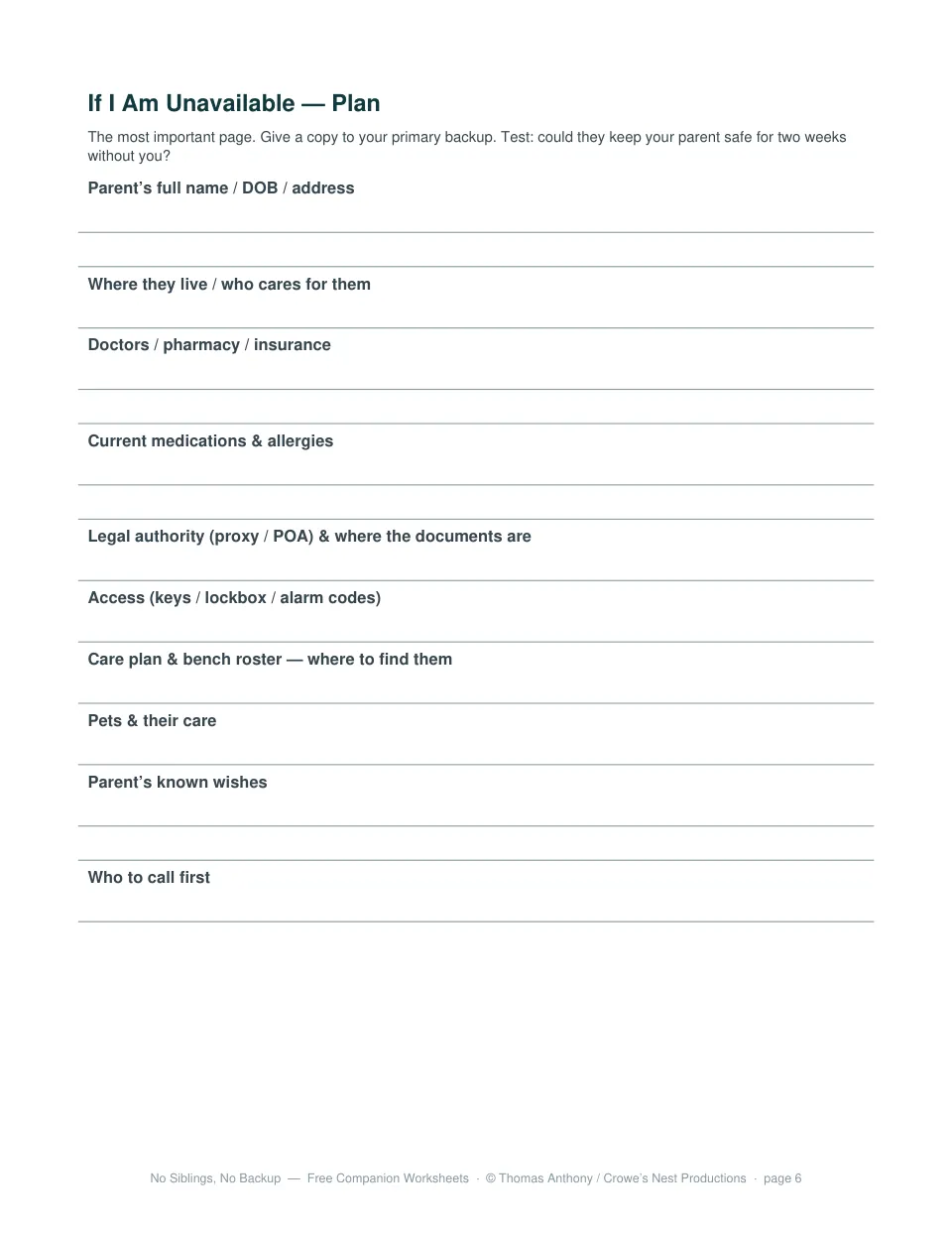 Free printable If I Am Unavailable Plan worksheet from No Siblings, No Backup by Thomas Anthony