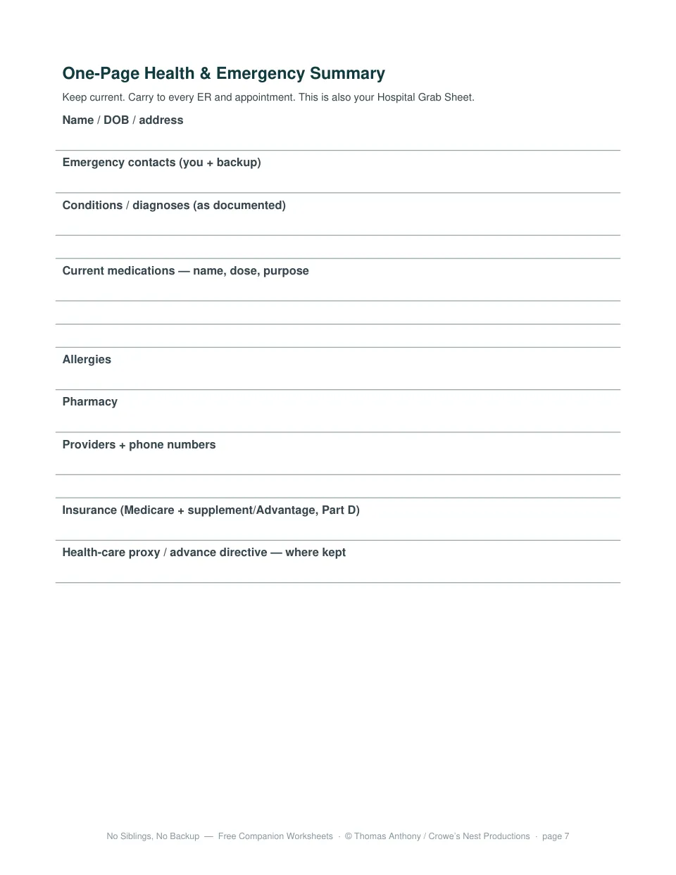 Free printable One-Page Health & Emergency Summary worksheet from No Siblings, No Backup by Thomas Anthony