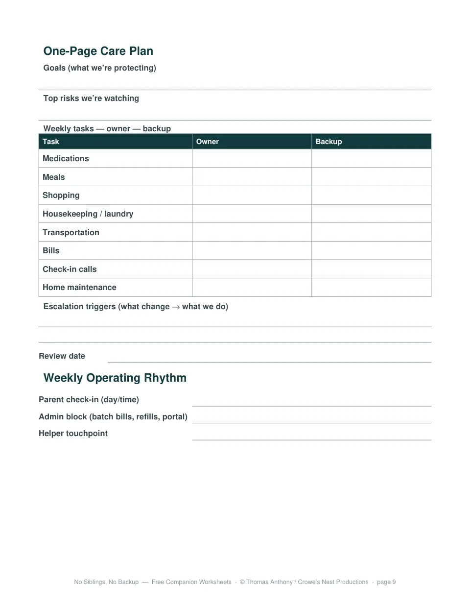 Free printable One-Page Care Plan worksheet from No Siblings, No Backup by Thomas Anthony