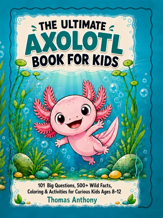 Cover of The Ultimate Axolotl Book for Kids by Thomas Anthony — a smiling pink axolotl underwater