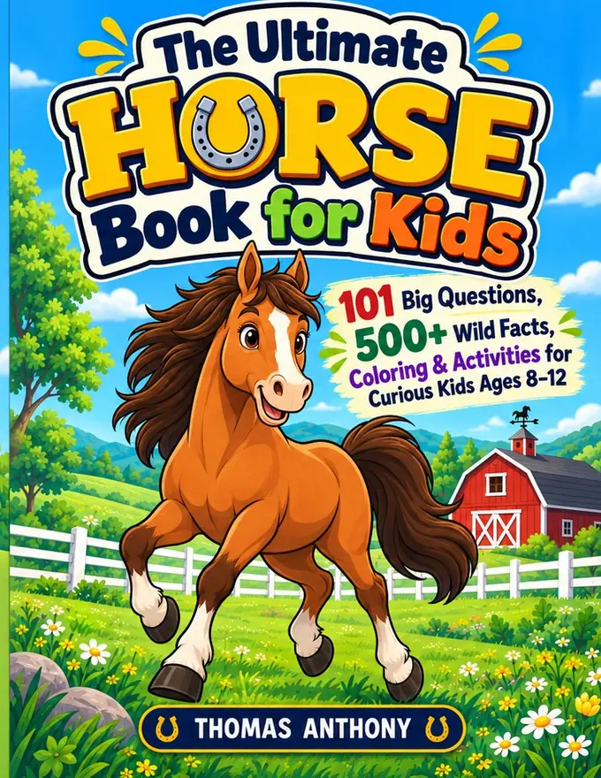 Cover of The Ultimate Horse Book for Kids by Thomas Anthony — a foal galloping past a red barn