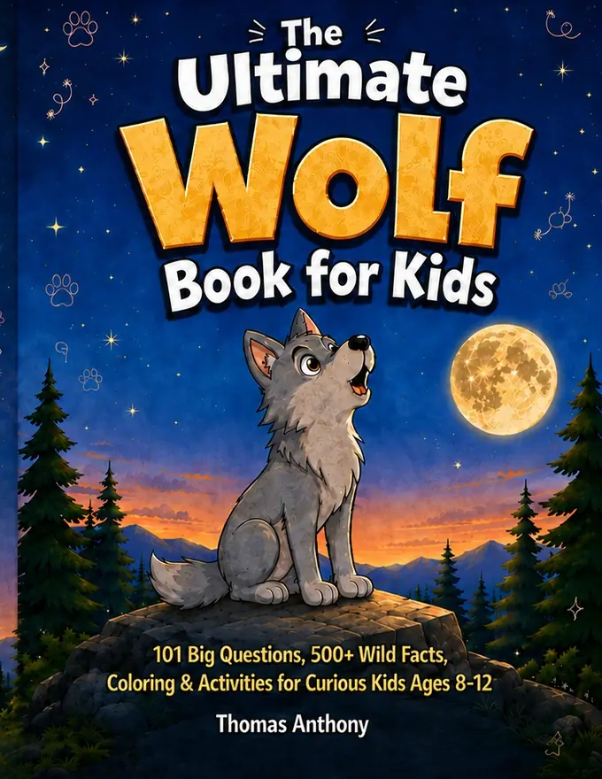 Cover of The Ultimate Wolf Book for Kids by Thomas Anthony — a wolf howling under a full moon