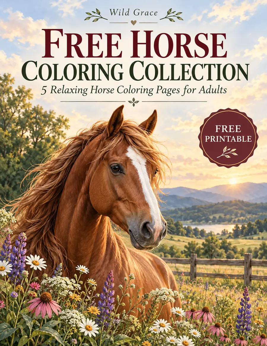Cover of the free Wild Grace horse coloring collection — a chestnut horse in a wildflower meadow