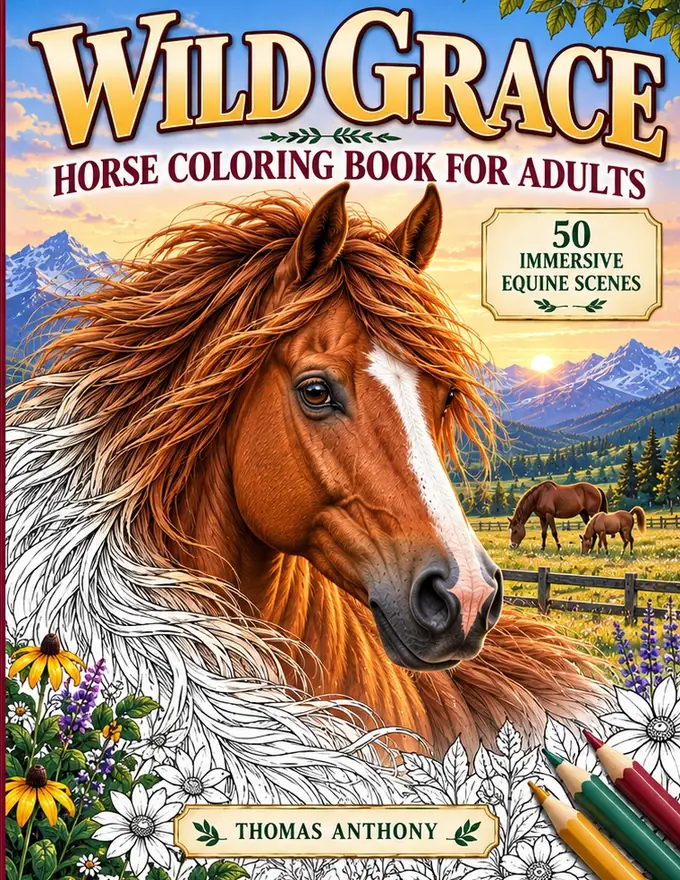 Cover of Wild Grace, a horse coloring book for adults by Thomas Anthony — a chestnut horse in a mountain valley